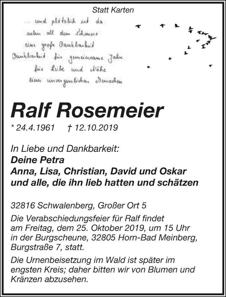  Traueranzeige für Ralf Rosemeier vom 19.10.2019 aus Lippische Landes-Zeitung
