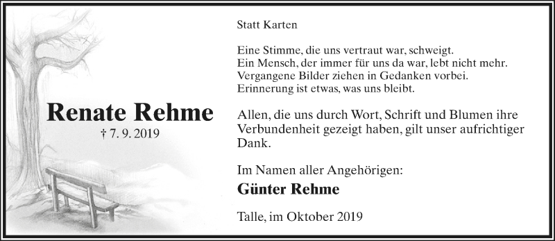  Traueranzeige für Renate Rehme vom 05.10.2019 aus Lippische Landes-Zeitung