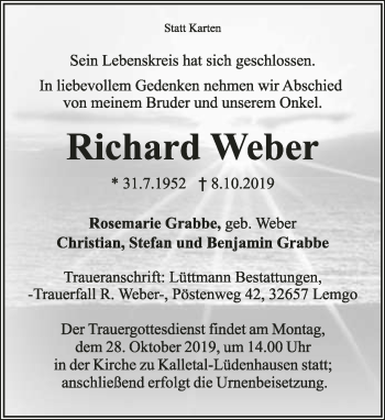 Anzeige  Richard Weber  Lippische Landes-Zeitung