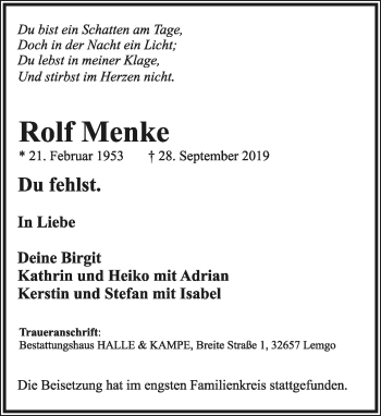 Anzeige  Rolf Menke  Lippische Landes-Zeitung