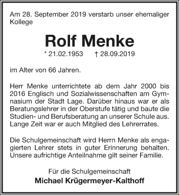 Anzeige  Rolf Menke  Lippische Landes-Zeitung