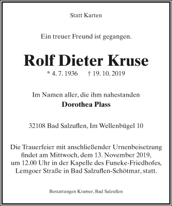 Anzeige  Rolf Dieter Kruse  Lippische Landes-Zeitung