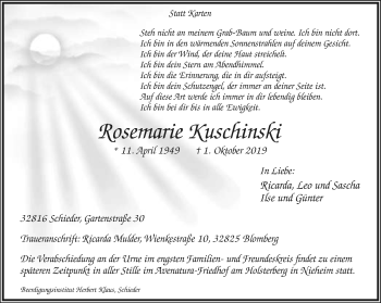 Anzeige  Rosemarie Kuschinski  Lippische Landes-Zeitung