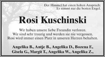 Anzeige  Rosemarie Kuschinski  Lippische Landes-Zeitung