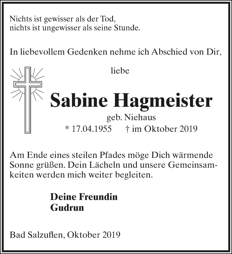  Traueranzeige für Sabine Hagmeister vom 26.10.2019 aus Lippische Landes-Zeitung