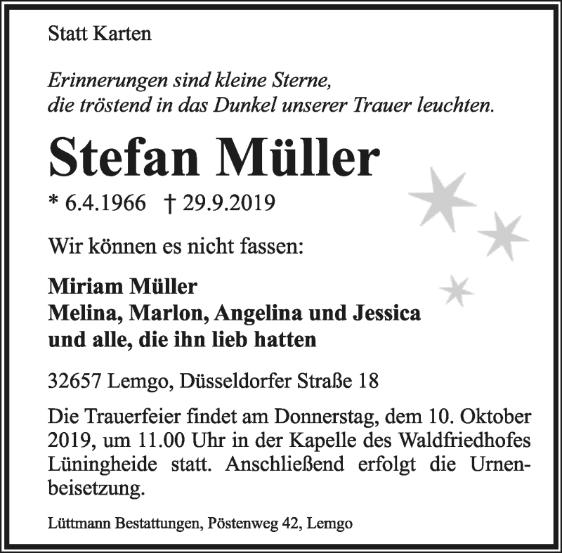  Traueranzeige für Stefan Müller vom 05.10.2019 aus Lippische Landes-Zeitung