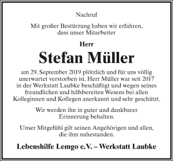 Anzeige  Stefan Müller  Lippische Landes-Zeitung