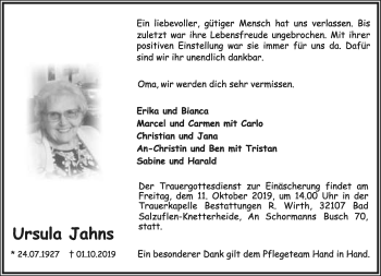 Anzeige  Ursula Jahns  Lippische Landes-Zeitung