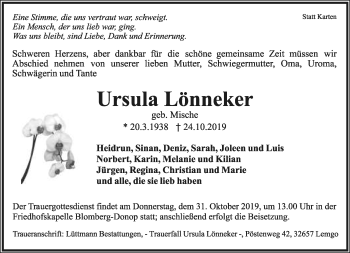 Anzeige  Ursula Lönneker  Lippische Landes-Zeitung