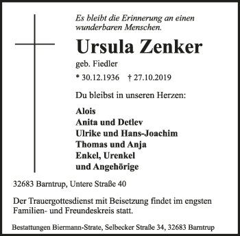 Anzeige  Ursula Zenker  Lippische Landes-Zeitung