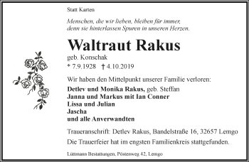 Anzeige  Waltraut Rakus  Lippische Landes-Zeitung