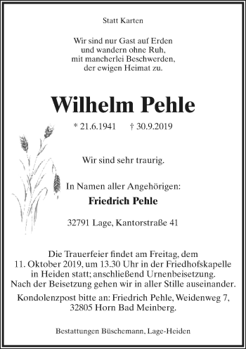 Anzeige  Wilhelm Pehle  Lippische Landes-Zeitung