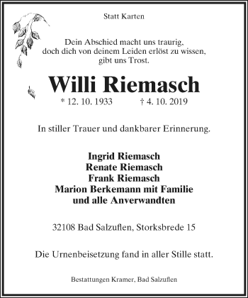 Anzeige  Willi Riemasch  Lippische Landes-Zeitung
