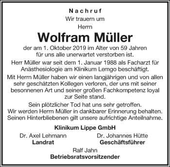 Anzeige  Wolfram Müller  Lippische Landes-Zeitung