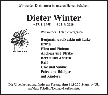 Anzeige  Dieter Winter  Lippische Landes-Zeitung