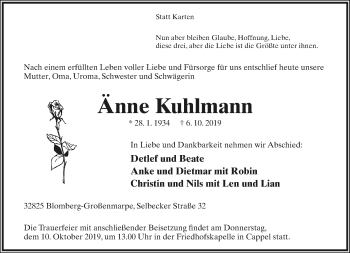 Anzeige  Änne Kuhlmann  Lippische Landes-Zeitung