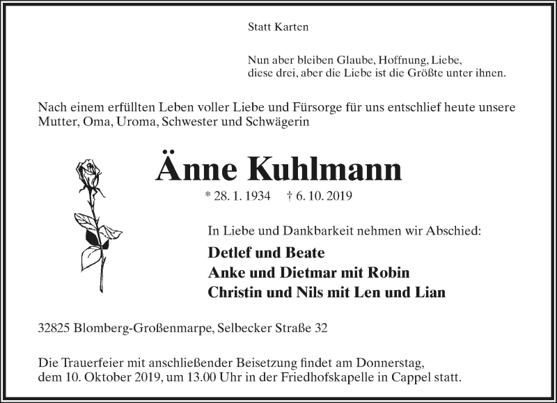  Traueranzeige für Änne Kuhlmann vom 08.10.2019 aus Lippische Landes-Zeitung