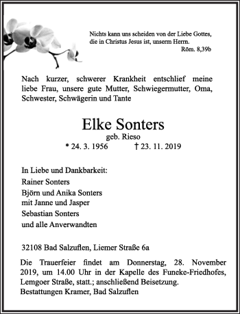 Anzeige  Elke Sonters  Lippische Landes-Zeitung
