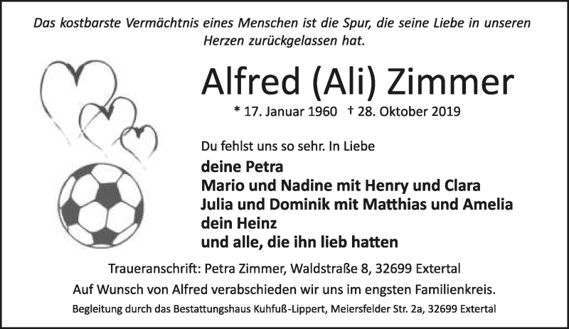  Traueranzeige für Alfred Zimmer vom 01.11.2019 aus Lippische Landes-Zeitung