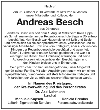 Anzeige  Andreas Besch  Lippische Landes-Zeitung