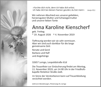 Anzeige  Anna Karoline Kienscherf  Lippische Landes-Zeitung