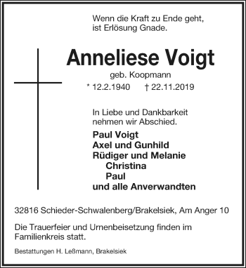 Anzeige  Anneliese Voigt  Lippische Landes-Zeitung