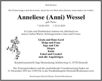 Anzeige  Anneliese Wessel  Lippische Landes-Zeitung