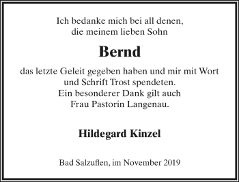 Anzeige  Bernd Kinzel  Lippische Landes-Zeitung