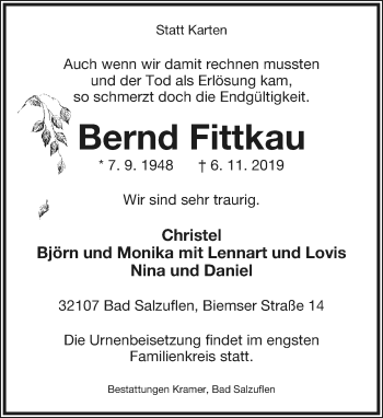 Anzeige  Bernd Fittkau  Lippische Landes-Zeitung