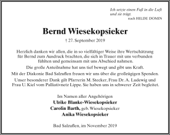 Anzeige  Bernd Wiesekopsieker  Lippische Landes-Zeitung
