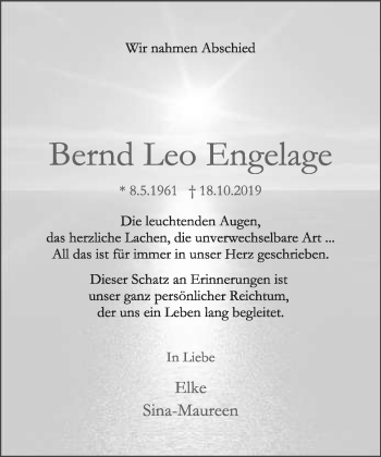 Anzeige  Bernd Leo Engelage  Lippische Landes-Zeitung