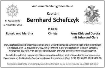 Anzeige  Bernhard Schefczyk  Lippische Landes-Zeitung
