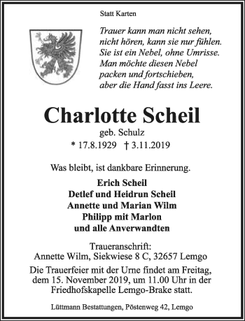 Anzeige  Charlotte Scheil  Lippische Landes-Zeitung