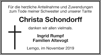 Anzeige  Christa Schondorff  Lippische Landes-Zeitung