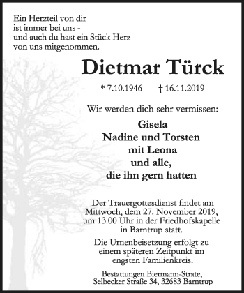 Anzeige  Dietmar Türck  Lippische Landes-Zeitung