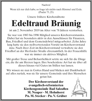 Anzeige  Edeltraud Bräunig  Lippische Landes-Zeitung