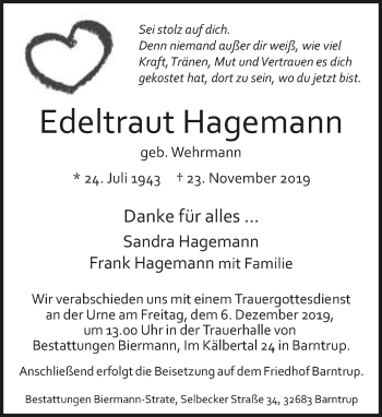 Anzeige  Edeltraut Hagemann  Lippische Landes-Zeitung