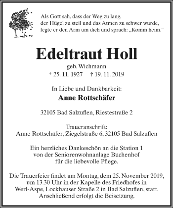 Anzeige  Edeltraut Holl  Lippische Landes-Zeitung