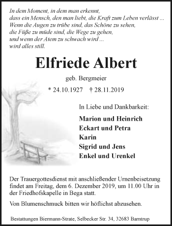 Anzeige  Elfriede Albert  Lippische Landes-Zeitung