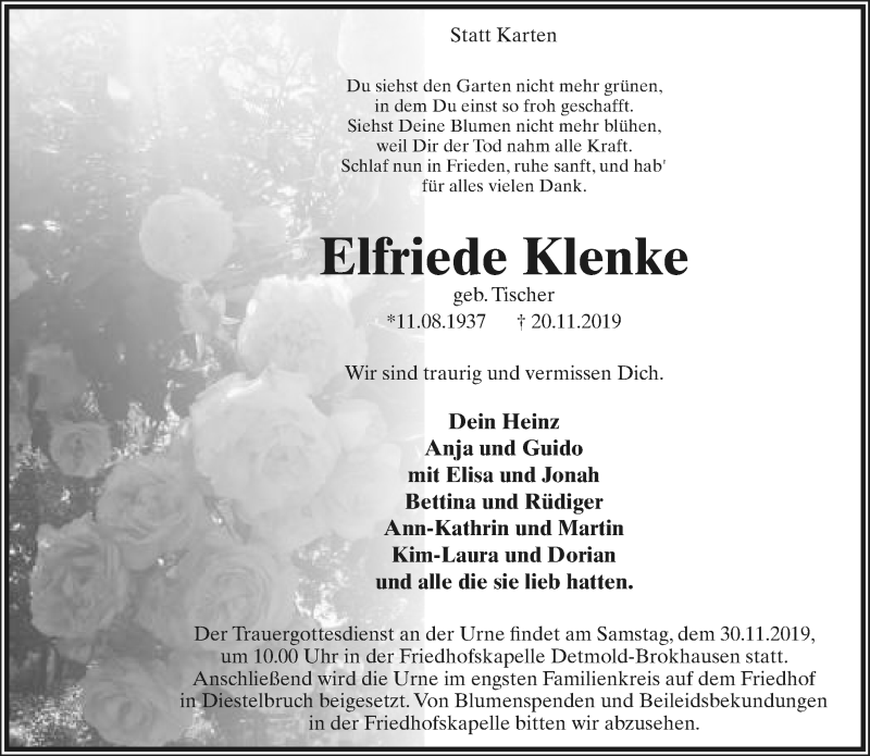  Traueranzeige für Elfriede Klenke vom 23.11.2019 aus Lippische Landes-Zeitung