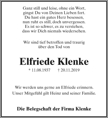 Anzeige  Elfriede Klenke  Lippische Landes-Zeitung
