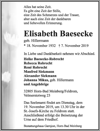 Anzeige  Elisabeth Baesecke  Lippische Landes-Zeitung