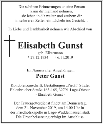 Anzeige  Elisabeth Gunst  Lippische Landes-Zeitung