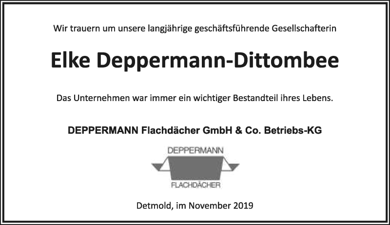  Traueranzeige für Elke Deppermann-Dittombee vom 20.11.2019 aus Lippische Landes-Zeitung