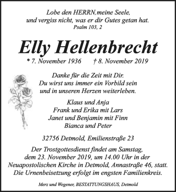 Anzeige  Elly Hellenbrecht  Lippische Landes-Zeitung