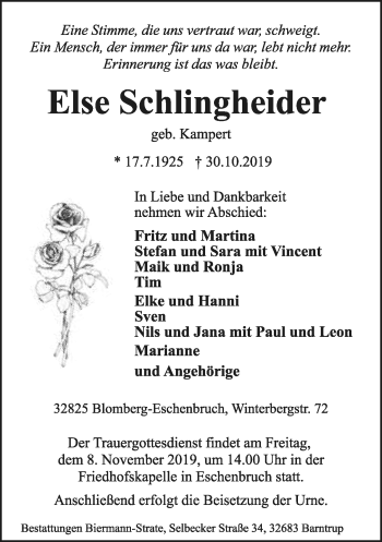 Anzeige  Else Schlingheider  Lippische Landes-Zeitung