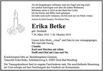 Anzeige  Erika Betke  Lippische Landes-Zeitung
