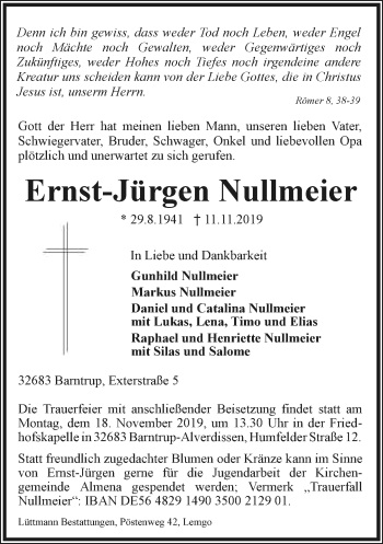 Anzeige  Ernst-Jürgen Nullmeier  Lippische Landes-Zeitung