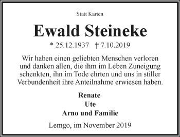 Anzeige  Ewald Steineke  Lippische Landes-Zeitung