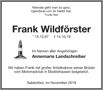 Anzeige  Frank Wildförster  Lippische Landes-Zeitung